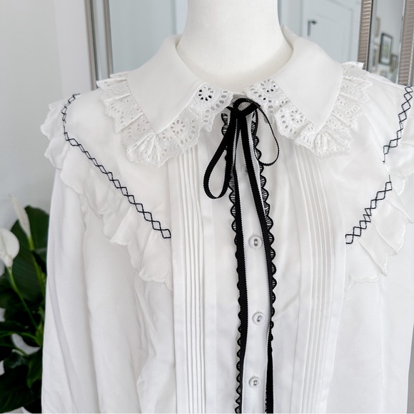 Self-Portrait Tops - Self-Portrait frill yoke button down shirt, black and white, size 10 NWT